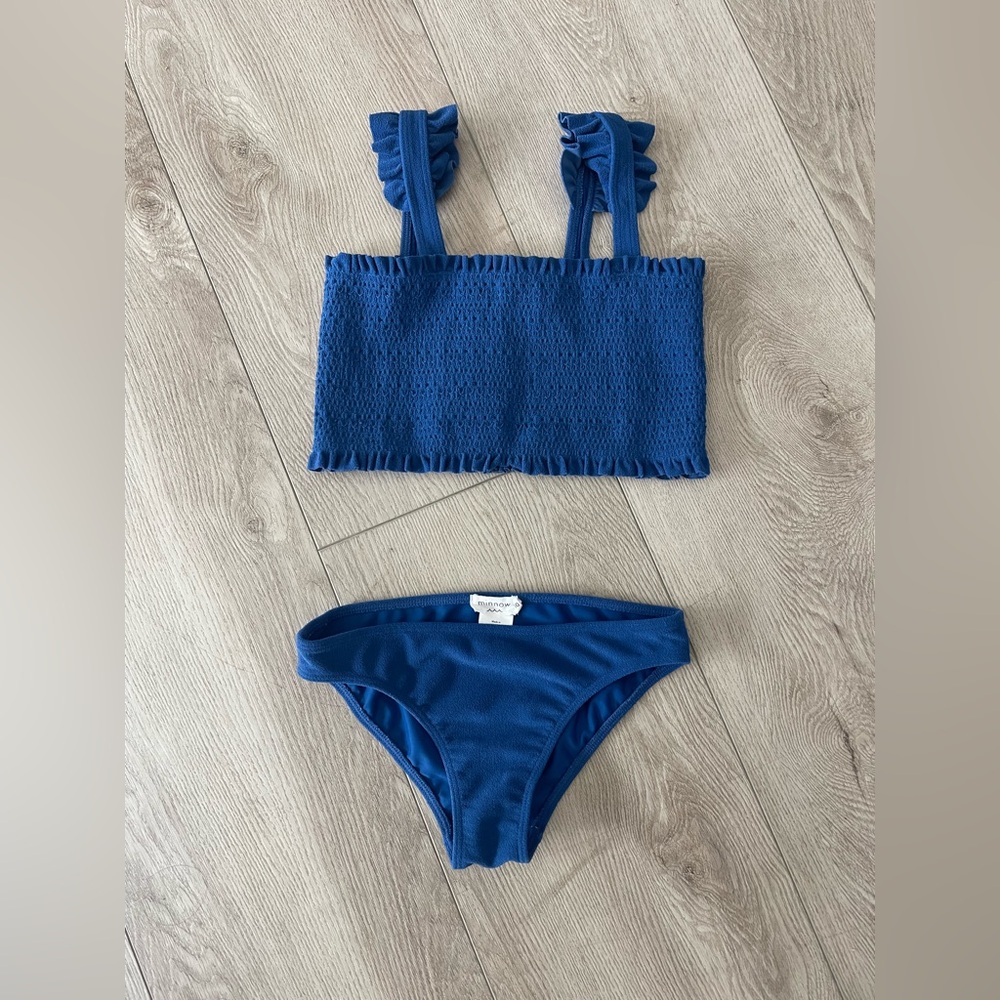 minnow girls cove blue terry ruffle strap diamond smocked bikini size 9/10 EUC